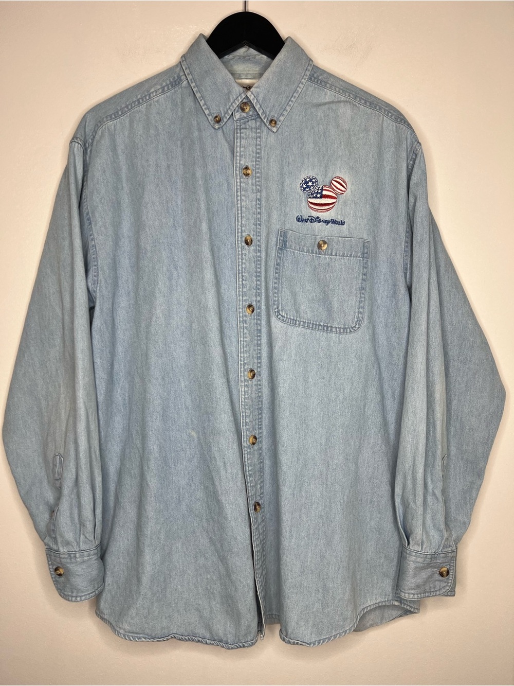 Vintage Walt Disney World Denim Button Up Shirt Embroidered Patriotic Mickey Med